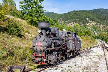 Beautiful old steam locomotive on the railroad, Western Serbia, Europe