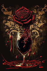 Red wine in glass with rose flower. Dripping and splashing liquid. Abstract, bloody Valentine concept. Wall art poster design. Ai generative - obrazy, fototapety, plakaty
