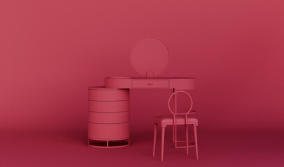 Viva magenta, color of the year 2023, interior with dressing table. Template, 3d render