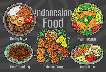 Indonesian food. A set of classic dishes. Cartoon hand drawn illustration.