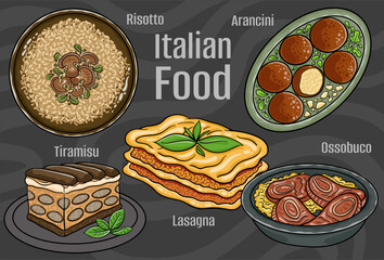 Italian food. A set of classic dishes. Cartoon hand drawn illustration.