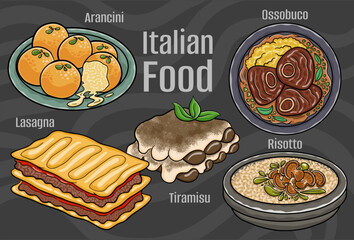 Italian food. A set of classic dishes. Cartoon hand drawn illustration.
