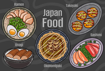 Japan food. A set of classic dishes. Cartoon hand drawn illustration.