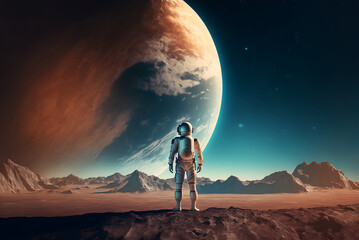 An Astronaut standing on the moon looking at a large earth like planet. Generative ai