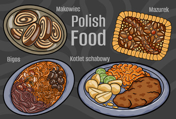 Polish food. A set of classic dishes. Cartoon hand drawn illustration.