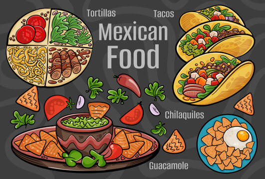 Mexican food. A set of classic dishes. Cartoon hand drawn illustration.