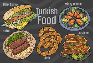 Turkish food. A set of classic dishes. Cartoon hand drawn illustration.