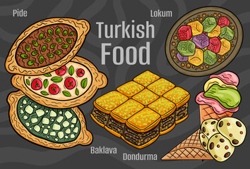 Turkish food. A set of classic dishes. Cartoon hand drawn illustration.