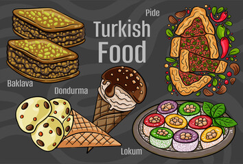 Turkish food. A set of classic dishes. Cartoon hand drawn illustration.