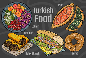 Turkish food. A set of classic dishes. Cartoon hand drawn illustration.