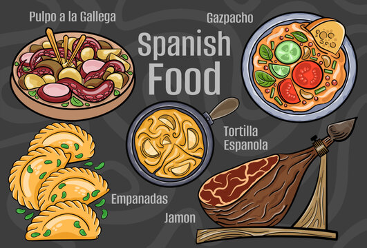 Spanish food. A set of classic dishes. Cartoon hand drawn illustration.