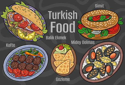 Turkish food. A set of classic dishes. Cartoon hand drawn illustration.