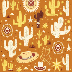 Symbols Of Wild-West. Cacti, Snakes, Mountains, Desert, Sun, Cowboys. Vector Illustration Set