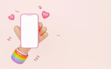 3D Hand holding mobile phone with empty screen. Cartoon smartphone on pink background with copy space. Phone device Mockup. Marketing time banner template. 3D Rendering Illustration. LGBT Pride Month