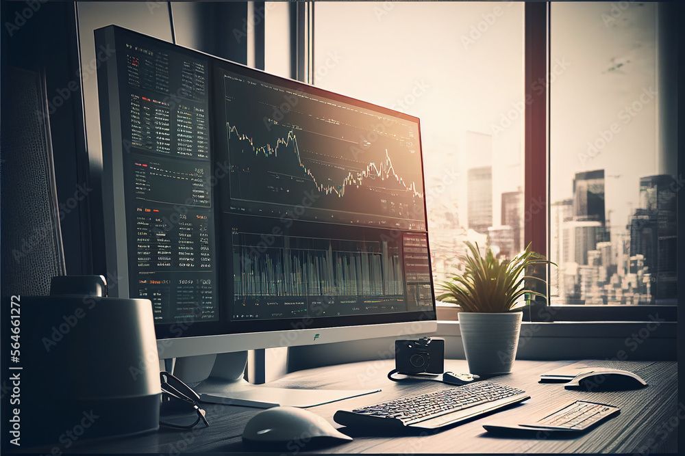 Poster trader workplace. computer monitor with stock market charts on screen. economic concept. financial c