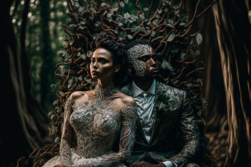 Wedding Photography: A Surreal Scene of a Bride and Groom Sitting on a Throne of Nature, Surrounded by Tall Trees and Lush Foliage - AI Generated