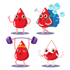 Fototapeta premium Blood drop character cartoon set collection, cute, happy , smiling, walk and sing with oxygen, strong healthy exercise, weak and unhealthy. vector modern trendy flat style cartoon.
