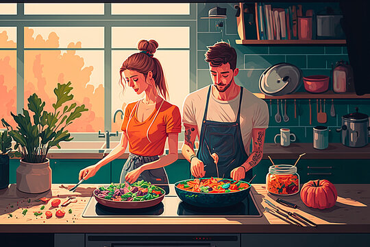 A couple cooking a meal together in a kitchen