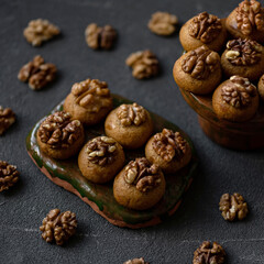 Cookies with walnuts. Soft biscuits shekerpare. Turkish cuisine. Oriental sweets. Baking on ceramic plates on dark surface decorated with nuts. Soft focus. 
