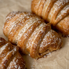 Sweet puff pastry. Buns are sprinkled with powdered sugar. French pastry. Dessert on parchment paper. Close-up, soft focus. View from above. High quality photo