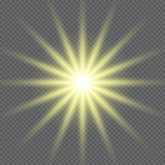 Fototapeta premium Gold glowing star. Realistic sun rays. Yellow sun ray glow abstract shine light effect. Yellow energy flash. Special lens flare light effect. Vector illustration