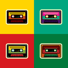 Original vector illustration in vintage style. Retro audio cassettes in different colors. T-shirt design. A design element.