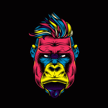 Original vector illustration in vintage style. Hipster gorilla with stylish hairstyle . T-shirt or sticker design