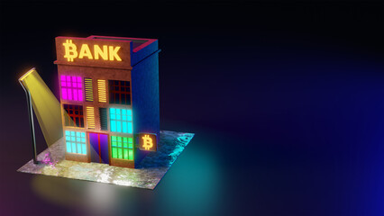 3D rendering of a bank building on a dark background with a neon sign and a bitcoin sign. Bank with ATM for online services. Evening street scene of a bank with an ATM.
