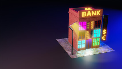 3D rendering of a bank building on a dark background with a neon sign and currency signs. Bank with ATM for online services. Evening street scene of a bank with an ATM.