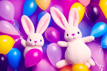 Obraz premium Teddy bunnies lying in balloons, card background, pastel colors, valentine's day, card, generative ai