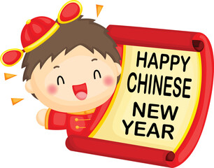 a vector of  image of a boy holding a big new year bannered Artwork