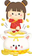 a vector of a girl and a big bag of coins