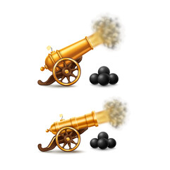 Set of golden cannons with fire and cannon balls