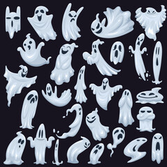 Hand drawn vector set of cartoon ghosts with different emotions on a black background.