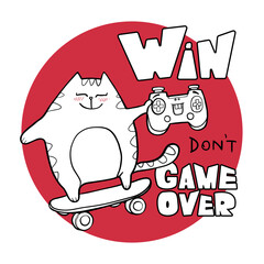 Illustration of Carton gamer cat on skateboard. Fat fluffy kitten character with text game over. T shirt design with animal kitten and game pad, skate board.