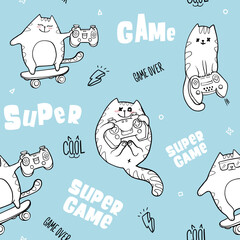 Endless background with set of cartoon animals. Abstract seamless pattern with gamer cat on skateboard. Funny kitten character repeat print. Gamepad and cat cover ornament © Kseniia Koval