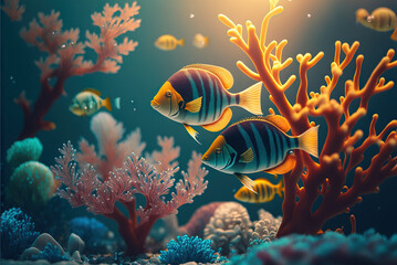 Naklejka na ściany i meble Colorful tropical fish swimming in ocean. Generative AI