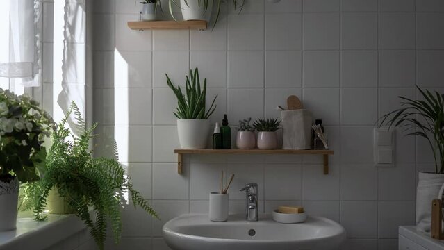 Modern white bathroom with many green plants. Timelapse. Shadows moving on the wall. Wellness. 4K UHD