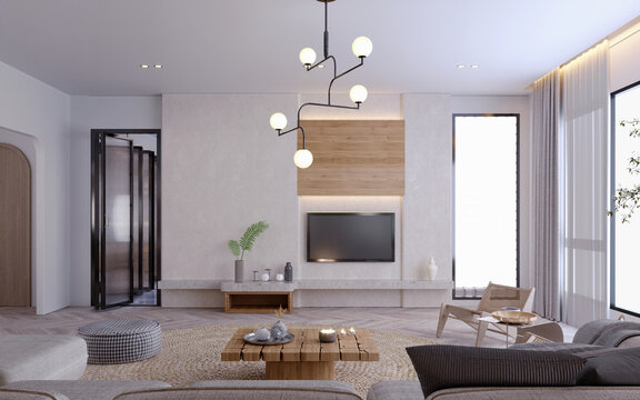 3d rendering,3d illustration, Interior Scene and  Mockup,modern style living room decorated with wood in gray and white.