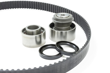 Timing belt and bearing on white background, Isolated, Car maintenance service.