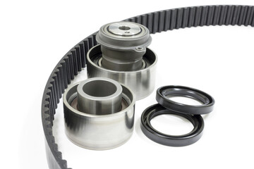 Timing belt and bearing on white background, Isolated, Car maintenance service.