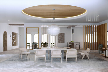 3d rendering,3d illustration, Interior Scene and  Mockup,modern style dining room with ceiling decoration,white and green wall decoration.