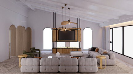 3d rendering,3d illustration, Interior Scene and  Mockup,Scandinavian style living room,furnished with fire pits and chandeliers.