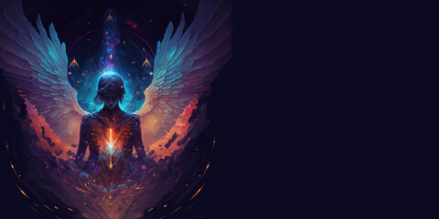 Angel meditating, universal and mystical love of a meditating angel. Concept. Copy space. Spirituality, esoteric, universe, cosmos, fantasy. Generative AI.