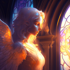 Illustration spiritual energy departs from a praying angel