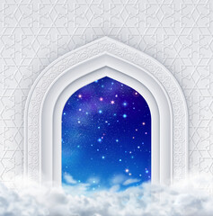 Islamic design arch in clouds with starry sky with colorful stars