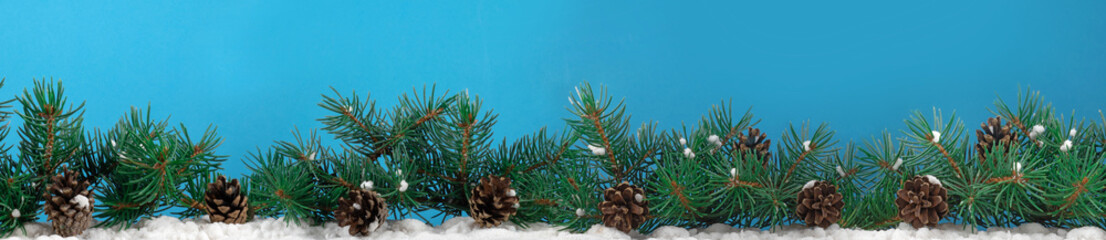  fir branches, cones and snow on a blue background