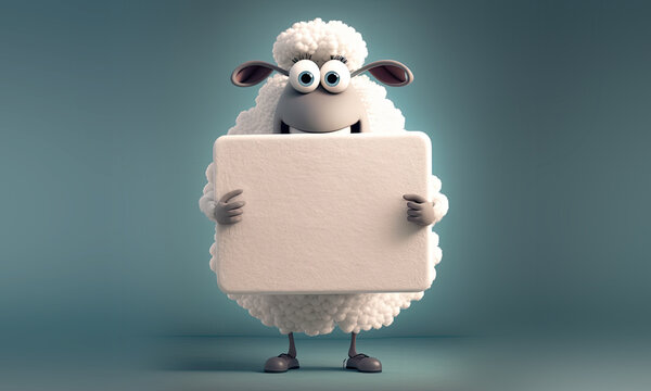 Cute Cartoon Sheep Character Holding a BlankSign (Generative AI)