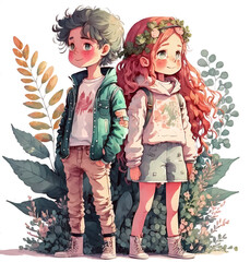 Fototapeta na wymiar Cute anime teens, boy and girl with long curly red hair. Autumn watercolor illustration
