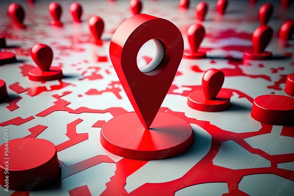 Poster map with a red pin indicating its location, a gps symbol for finding your way, a road sign pointing 